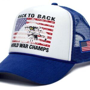 Eagle Hat Curved Back To Back World War Champs Funny 4th of July Cap Royal/White